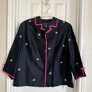 Silkland Woman Embroidered Silk Lined Shirt Jacket Artsy Vintage Lounge Size 16W